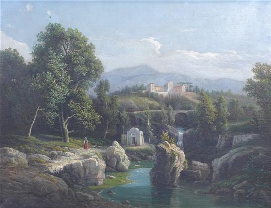 Manner of Gaspard Dughet Landscapes with figures and classical buildings, 15 x 20in.
